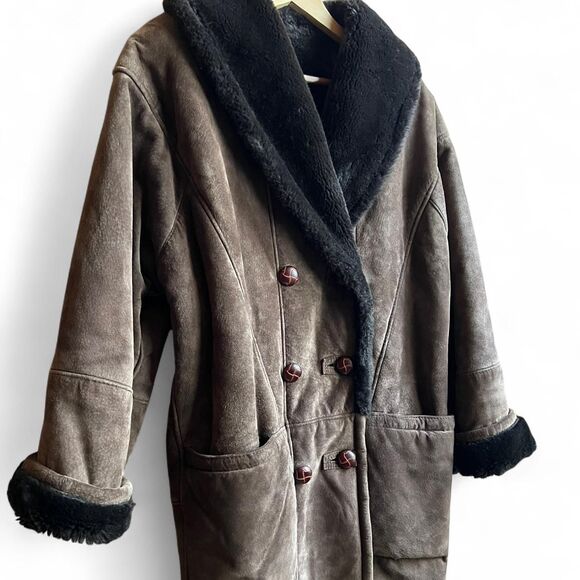 Vintage 80’s Steve & Searle Brown Sheepskin/Suede Leather Coat W/Black Shearling - Picture 4 of 8